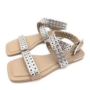 DKNY Flat Studded Buckle Square Toe Sandal Women's Tan Size US6M EU36B